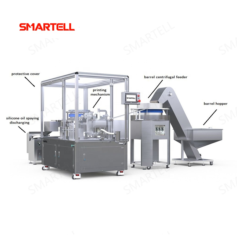 Linha de escala SMT-2001 de barril de seringa com máquina de impressão de almofada de logotipo de alimentação centrífuga