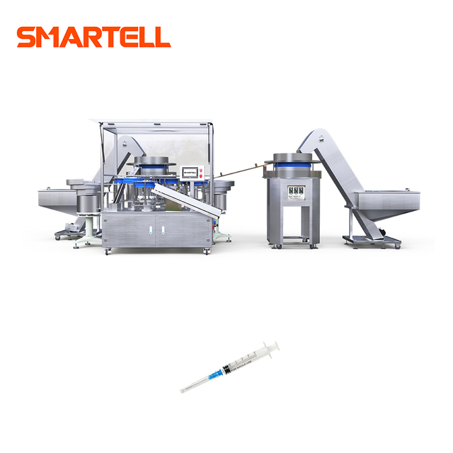 Sistema de produção automática integrado com máquina de montagem de seringa com parada automática